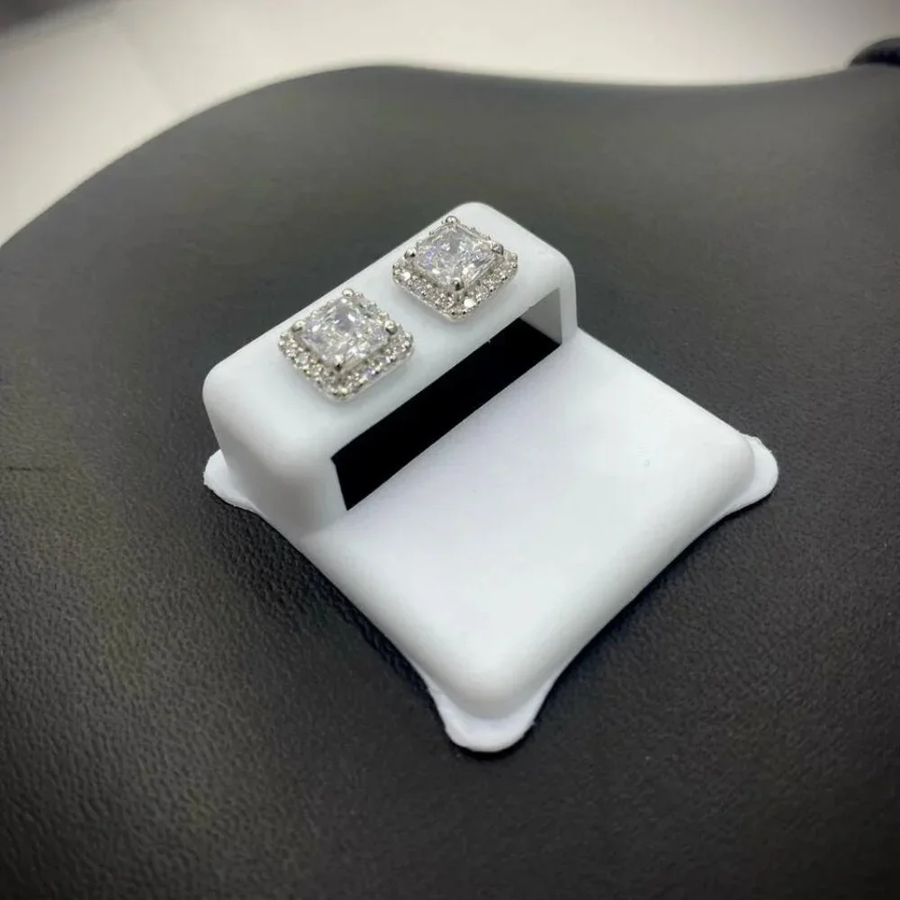 14K White Gold CZ Square Stud Earrings Baguette Push Back for Womens - Picture 2 of 6